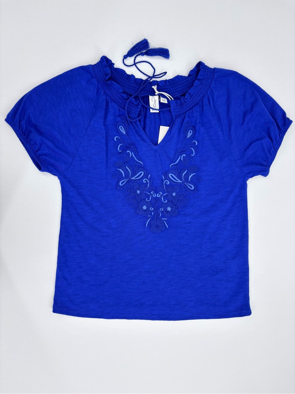 Joie NWT Royal Blue Embroidered Tie-Neck Short Puff Sleeve Peasant Top, XS
